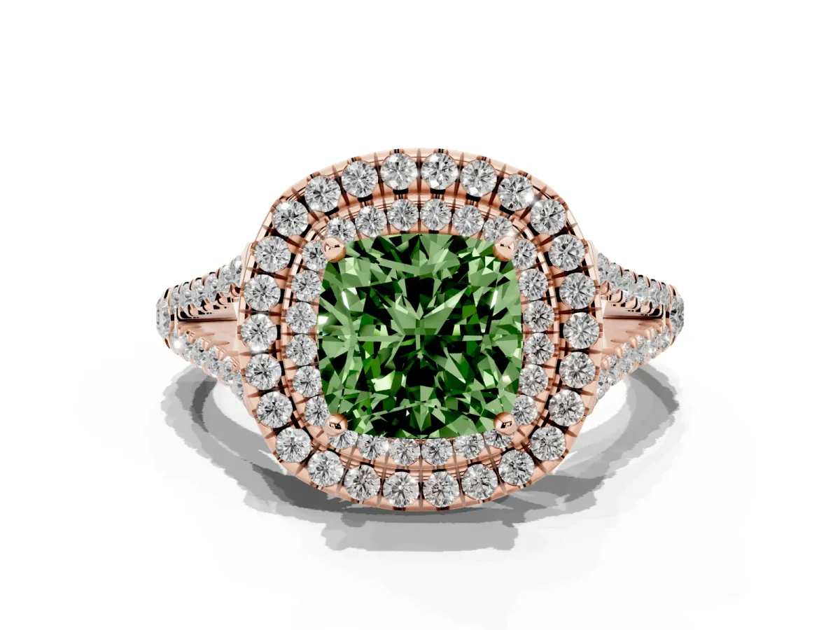 Fancy Green Cushion Cut Diamond Double Halo Ring with Pavé Band and Prong Setting Rose gold