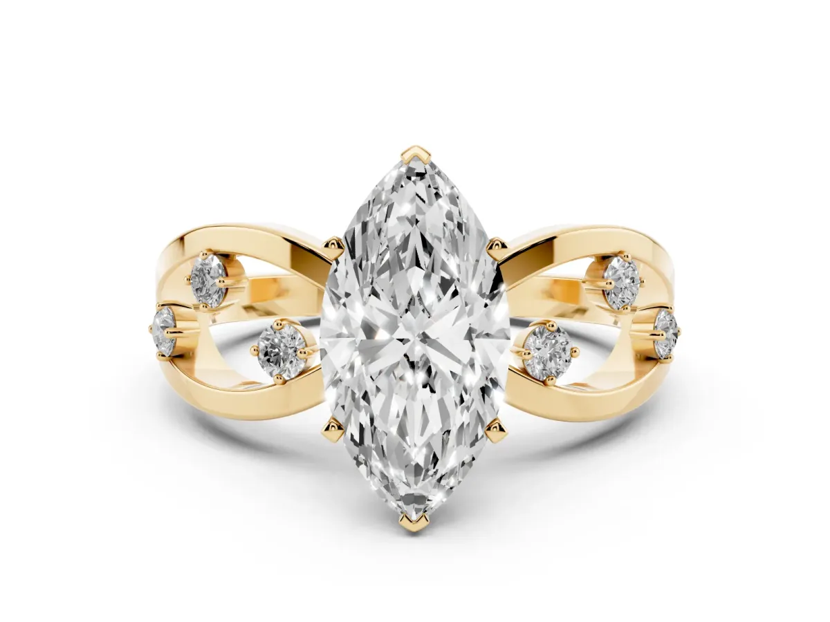 Marquise Cut Cut Solitaire Diamond with Side Stones on Criss-Cross Band and Four-Prong Setting Yellow gold