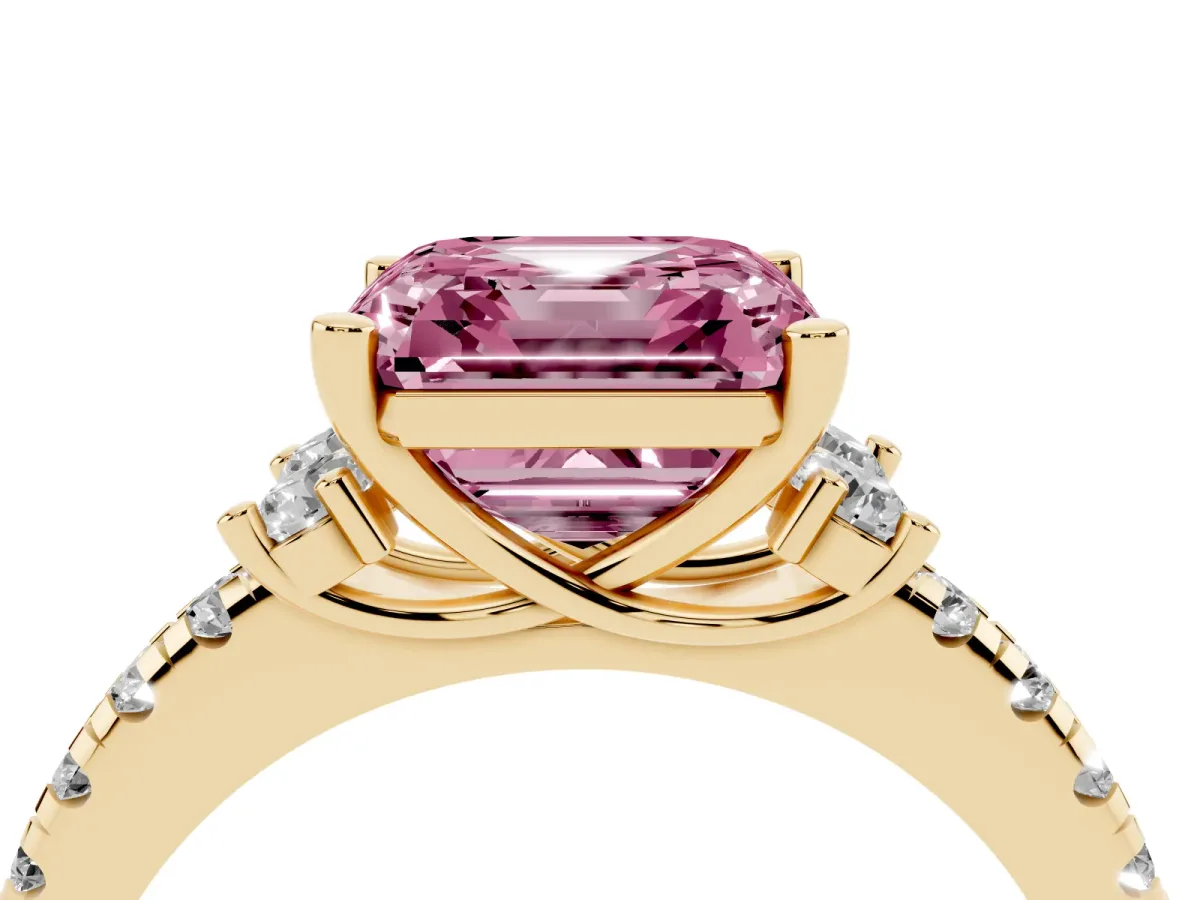 Fancy Pink Asscher Cut Diamond Three-Stone Pave Band with Four-Prong Setting Yellow gold