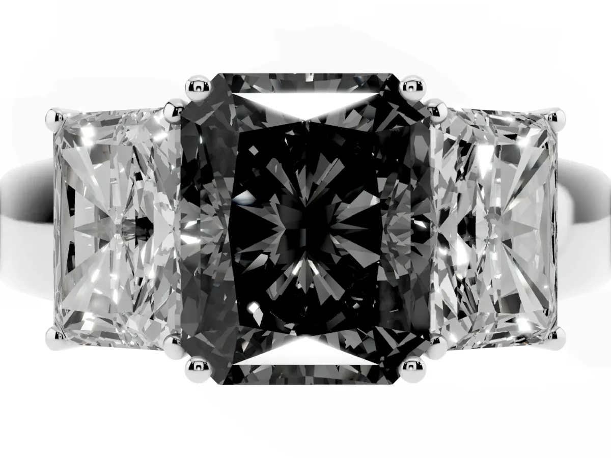 Fancy Black Three-Stone Radiant Cut Cut Diamond Ring with Prong Setting and Classic Band Silver