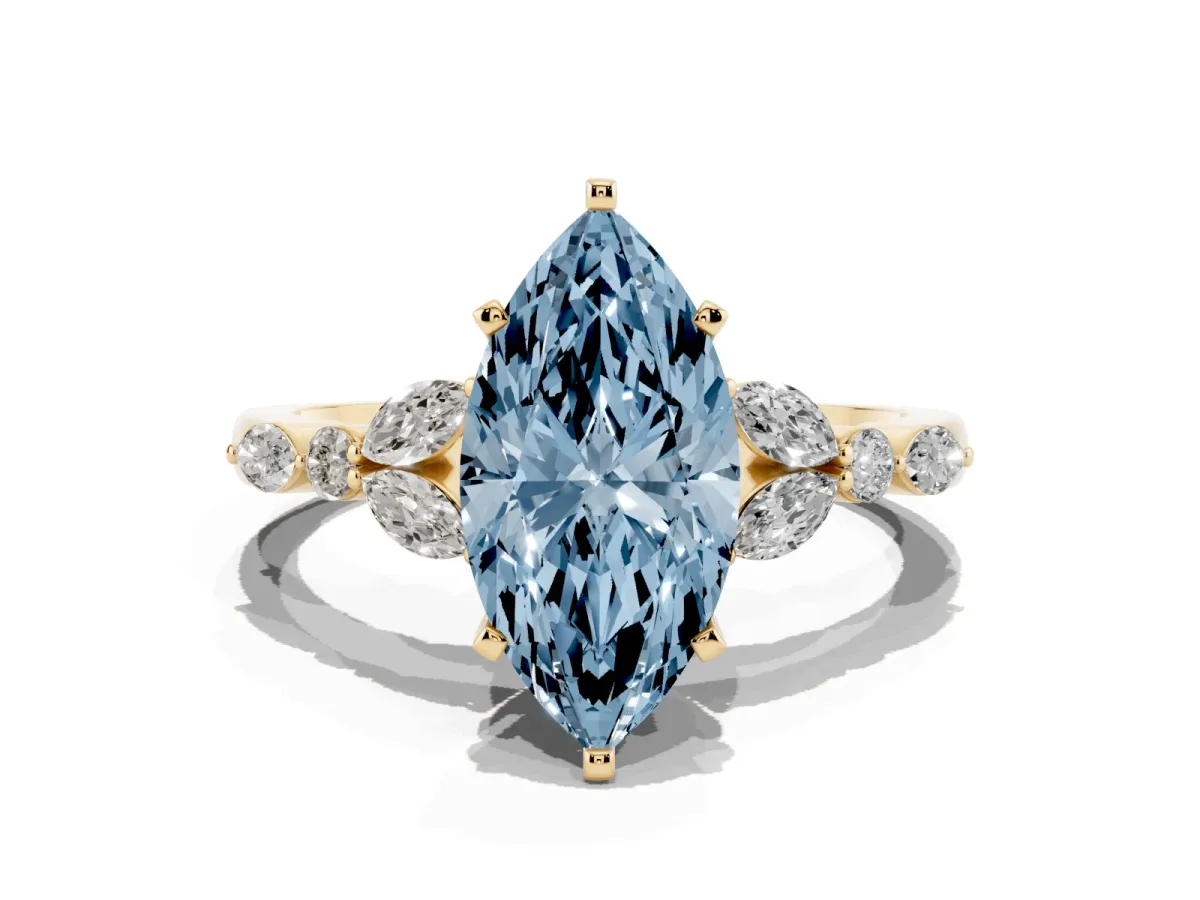 Fancy Blue Marquise Cut Diamond Solitaire Ring with Side Stones and Four-Prong Setting Yellow gold