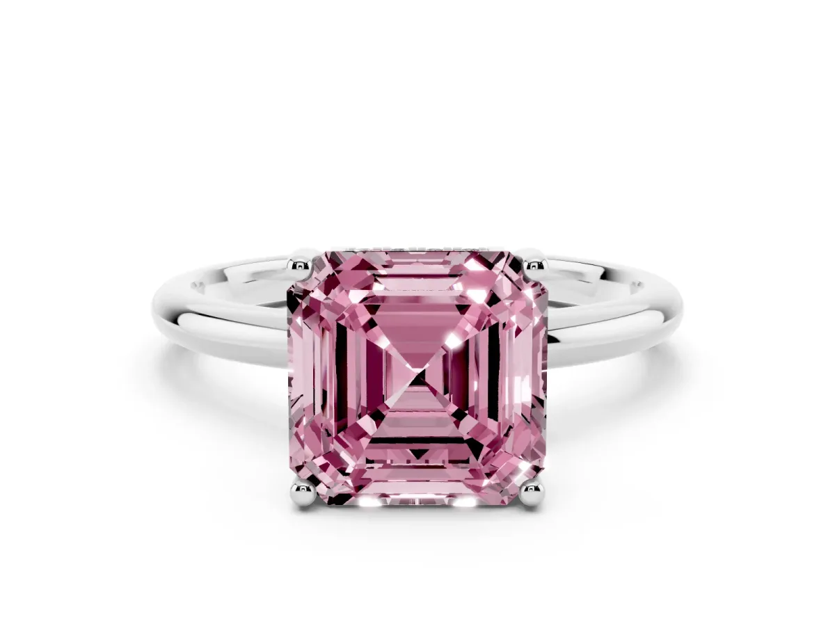Fancy Pink Asscher Cut Cut Solitaire Engagement Ring with Four-Prong Setting and Classic Band White gold