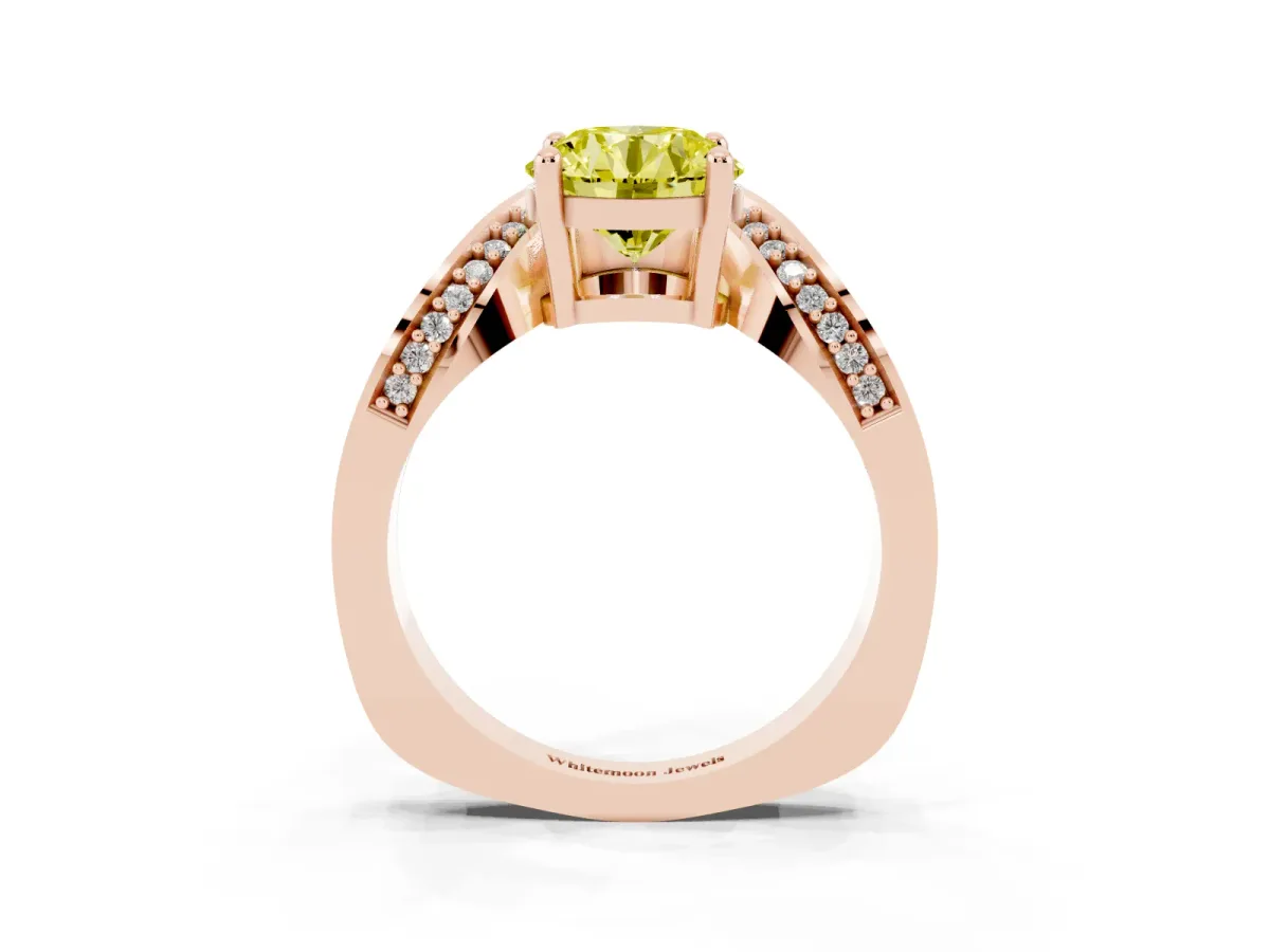 Fancy Yellow Round Cut Solitaire Diamond Engagement Ring with Pave Band and Four-Prong Setting Rose gold