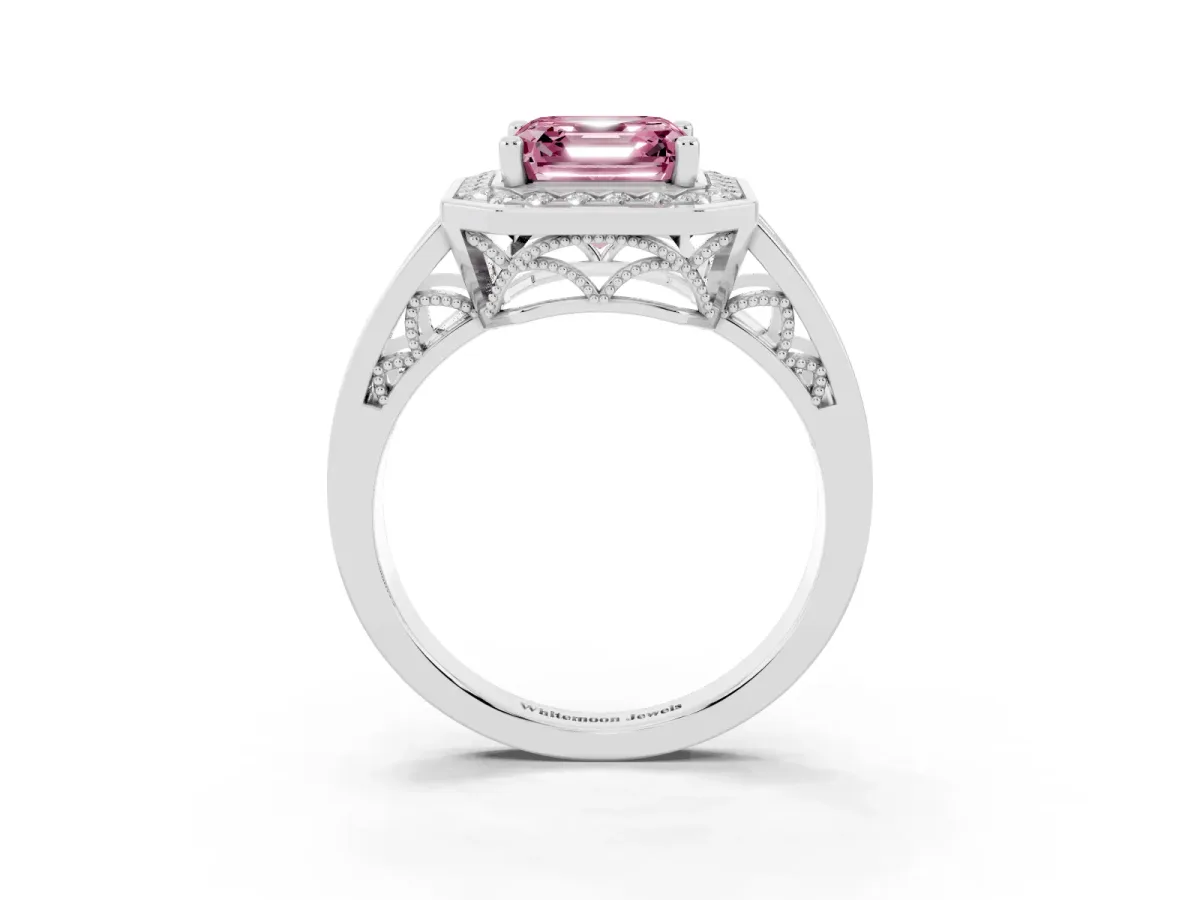 Fancy Pink Asscher Cut Diamond Halo Ring with Split Shank and Bezel Accents and Prong Setting Silver
