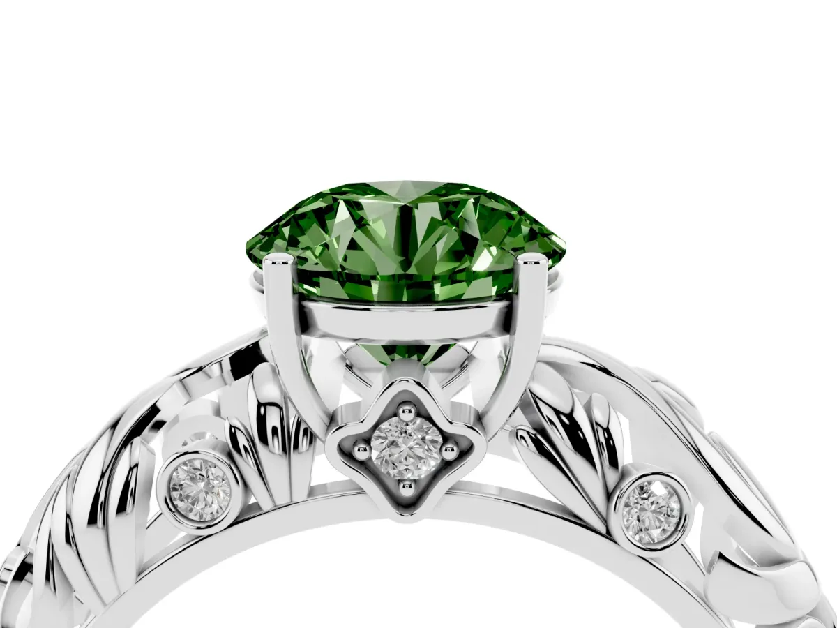Fancy Green Round Cut Solitaire Diamond Leaf-Inspired Vine Band Ring with Prong Setting Platinum