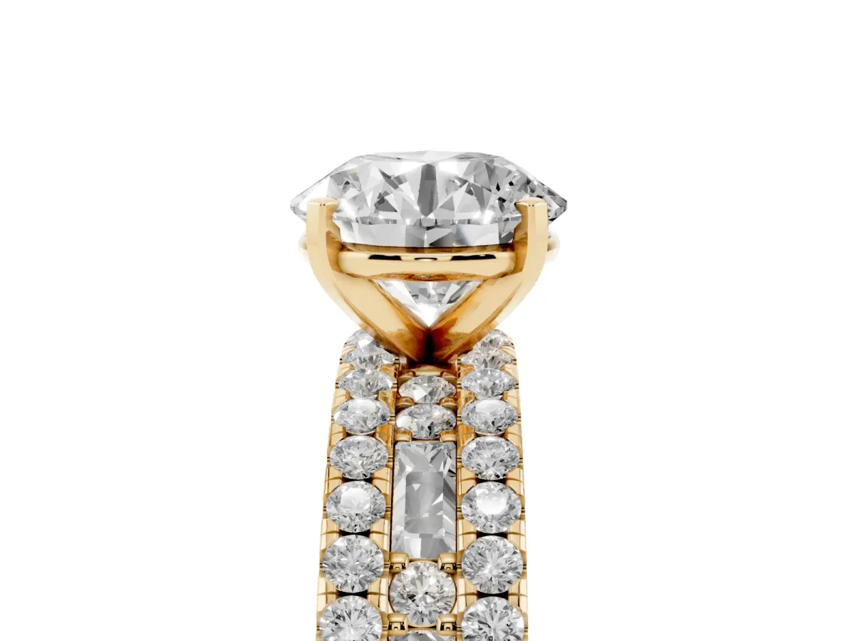 Round Cut Diamond Solitaire Ring with Pavé and Channel Set Band Yellow gold