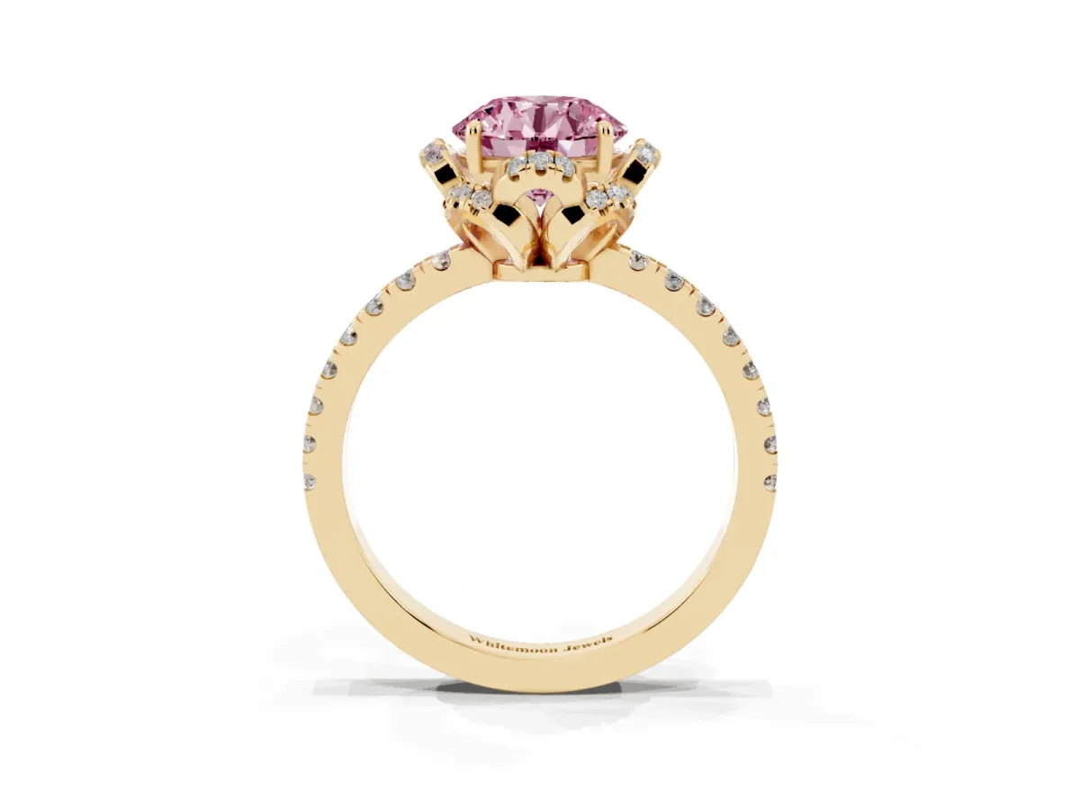 Fancy Pink Round Cut Halo Diamond Pave Band Ring with Four-Prong Setting Yellow gold