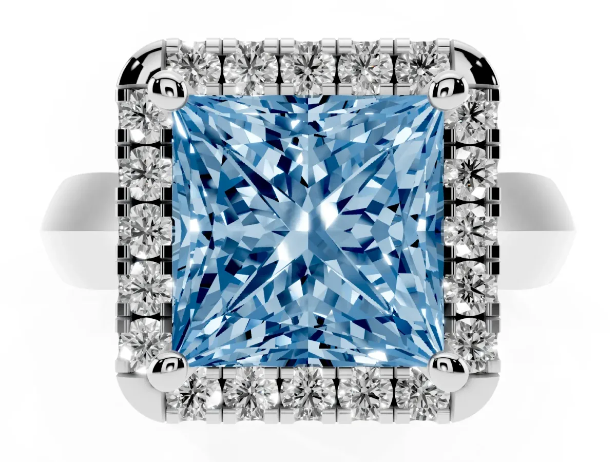 Fancy Blue Princess Cut Cut Halo Solitaire Engagement Ring with Square Band and Four-Prong Setting Silver