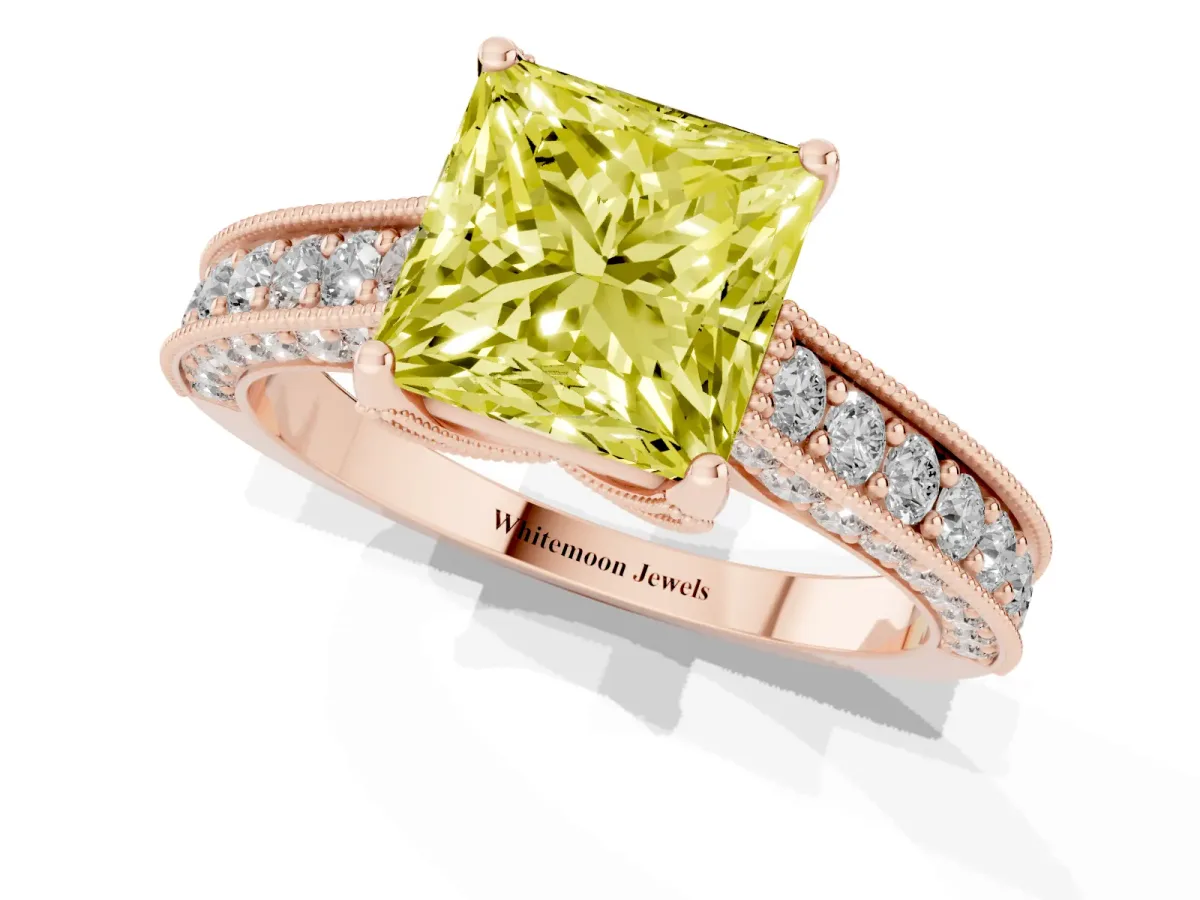 Fancy Yellow Princess Cut Cut Diamond Solitaire Ring with Milgrain Pave Band and Four Prong Setting Rose gold