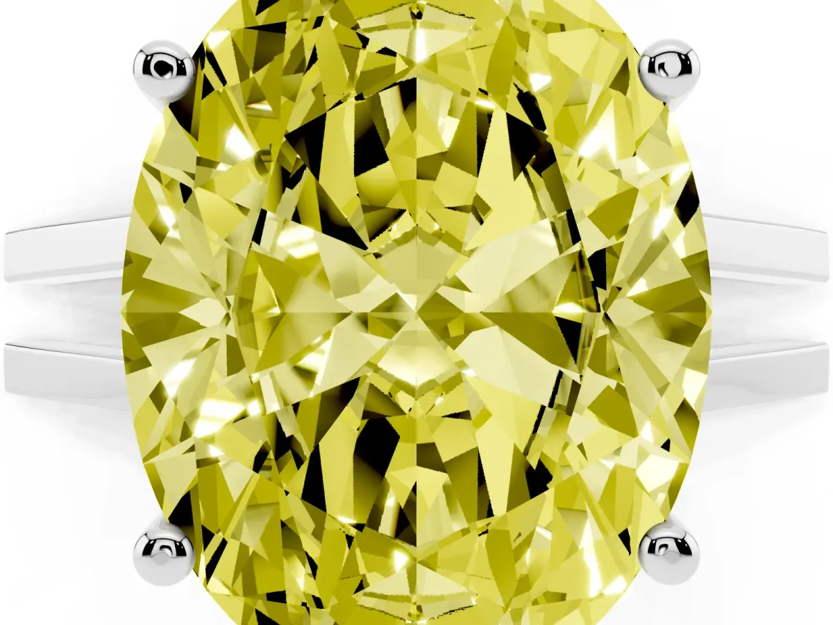 Fancy Yellow Oval Cut Cut Diamond Solitaire Engagement Ring with Tapered Plain Band and Four-Prong Setting Silver