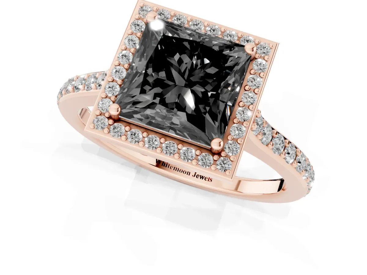 Fancy Black Princess Cut Diamond Halo Engagement Ring with Round Pavé Shoulders and Prong Setting Rose gold