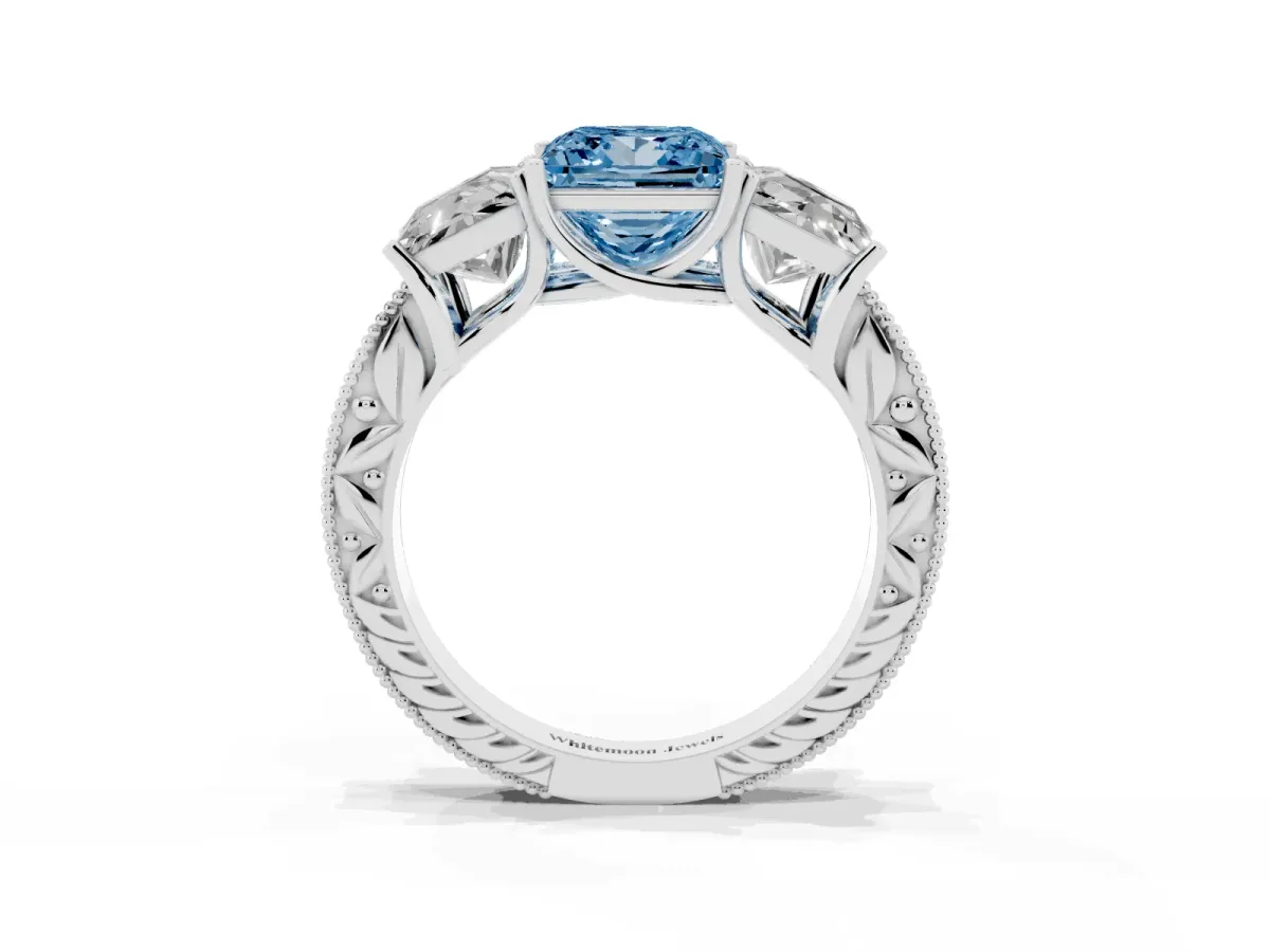 Fancy Blue Three-Stone Princess Cut Cut Milgrain Pavé Engagement Ring Silver