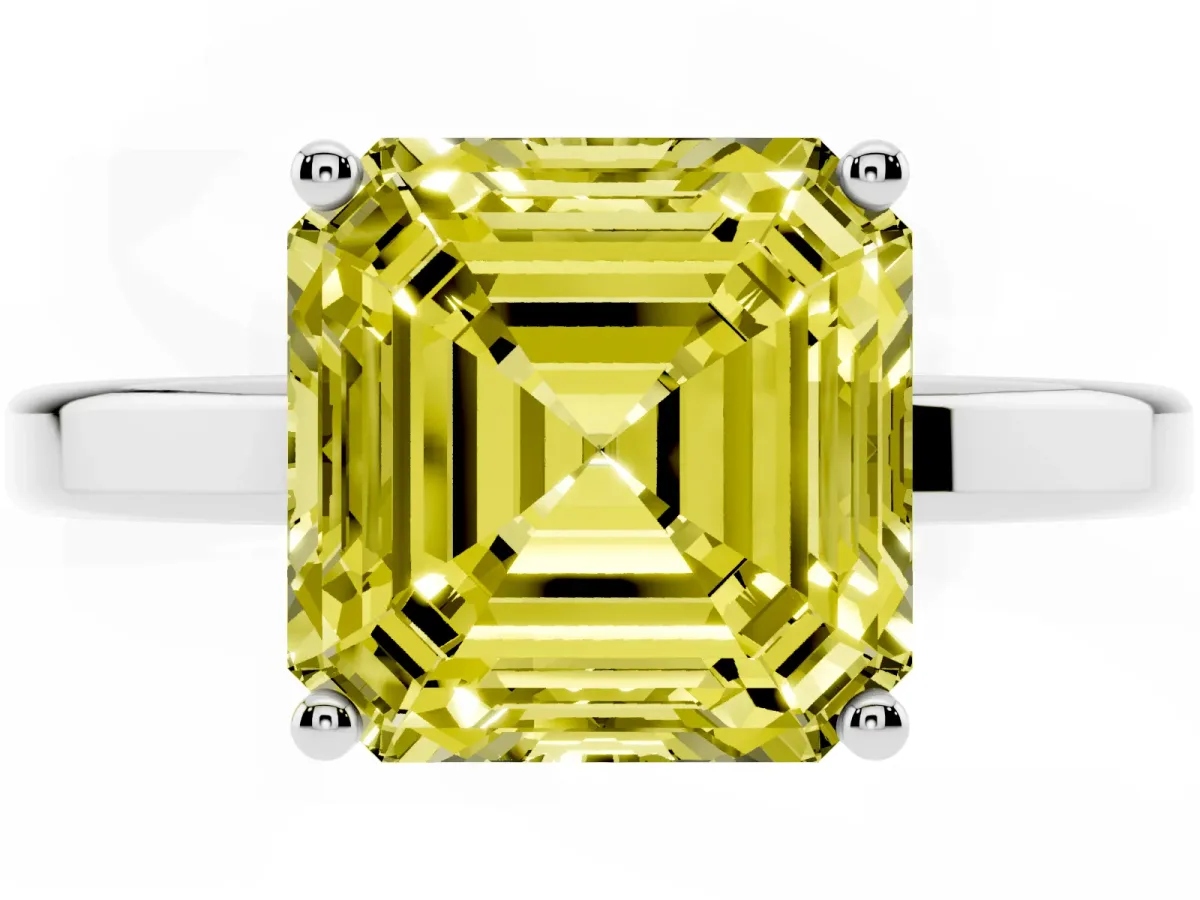 Fancy Yellow Asscher Cut Cut Solitaire Engagement Ring with Four-Prong Setting on a Classic Band Platinum