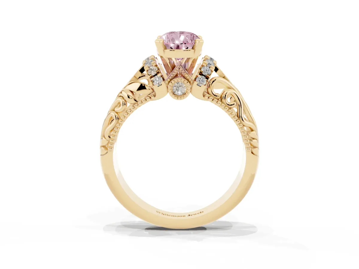 Fancy Pink Pear Cut Solitaire Filigree Engagement Ring with Halo and Prong Setting Yellow gold