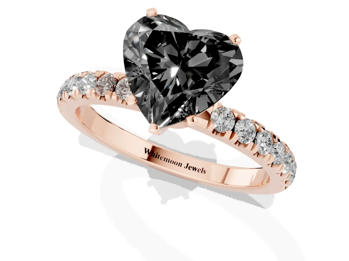 Fancy Black Heart Cut Diamond Solitaire Ring with Pavé Accents and Four-Prong Setting Rose gold