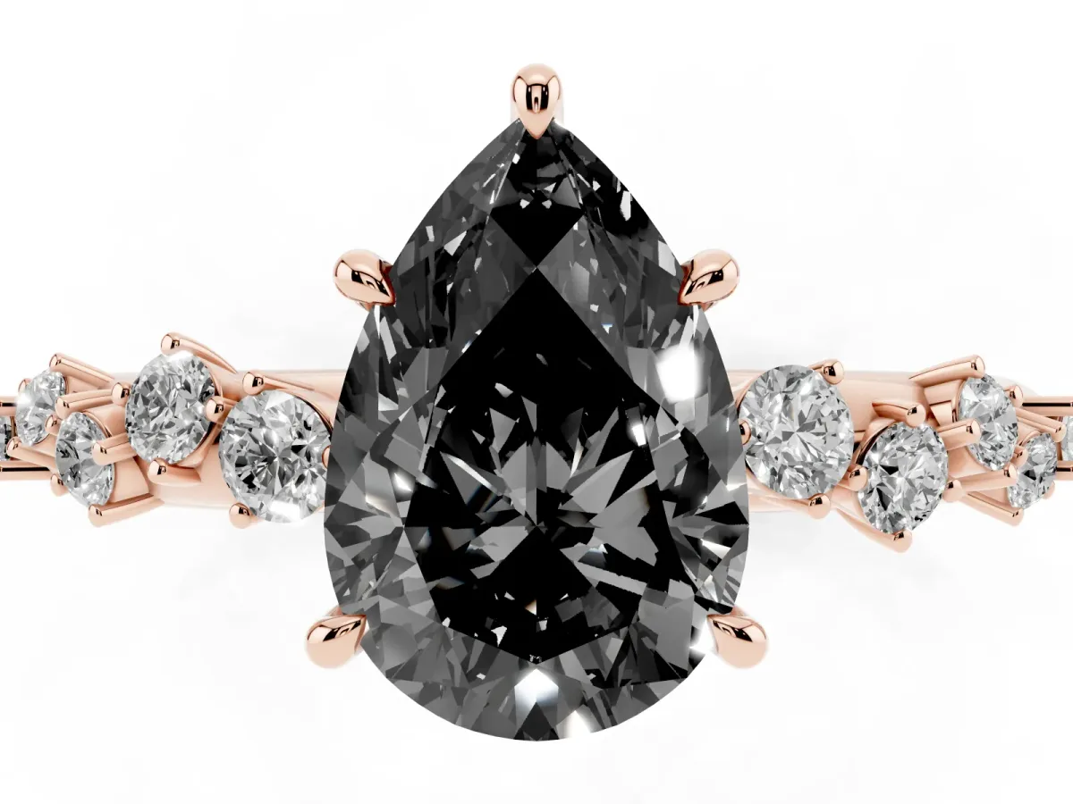 Fancy Black Pear Cut Diamond Cluster Side Stone Solitaire Ring with Prong Setting Rose gold