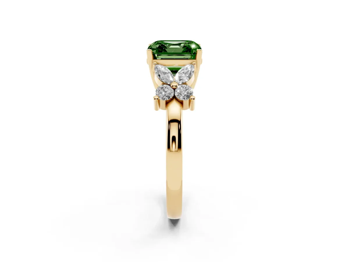 Fancy Green Asscher Cut Diamond Floral Cluster Ring with Solitaire Band and Prong Setting Yellow gold
