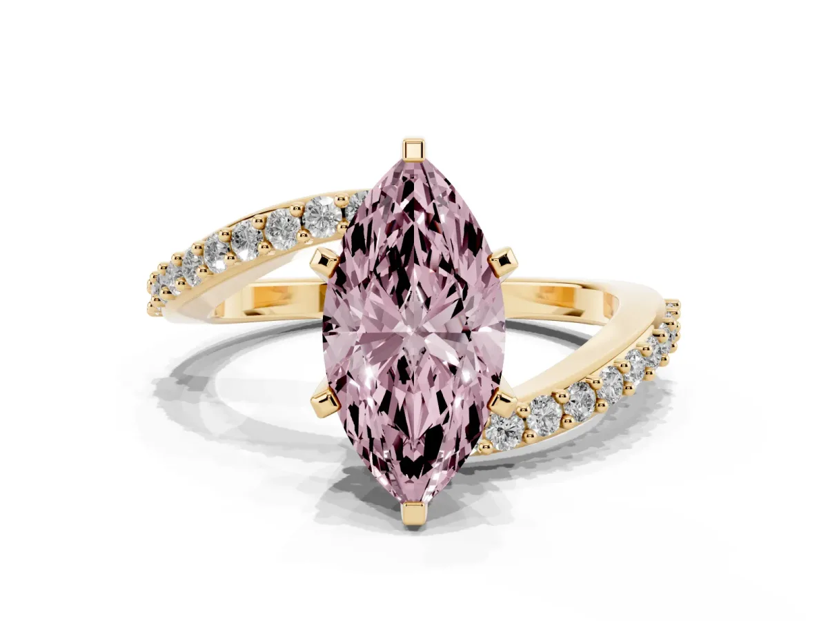 Fancy Pink Marquise Cut Solitaire Twist Band with Pave Set Diamonds and Four-Prong Setting Yellow gold