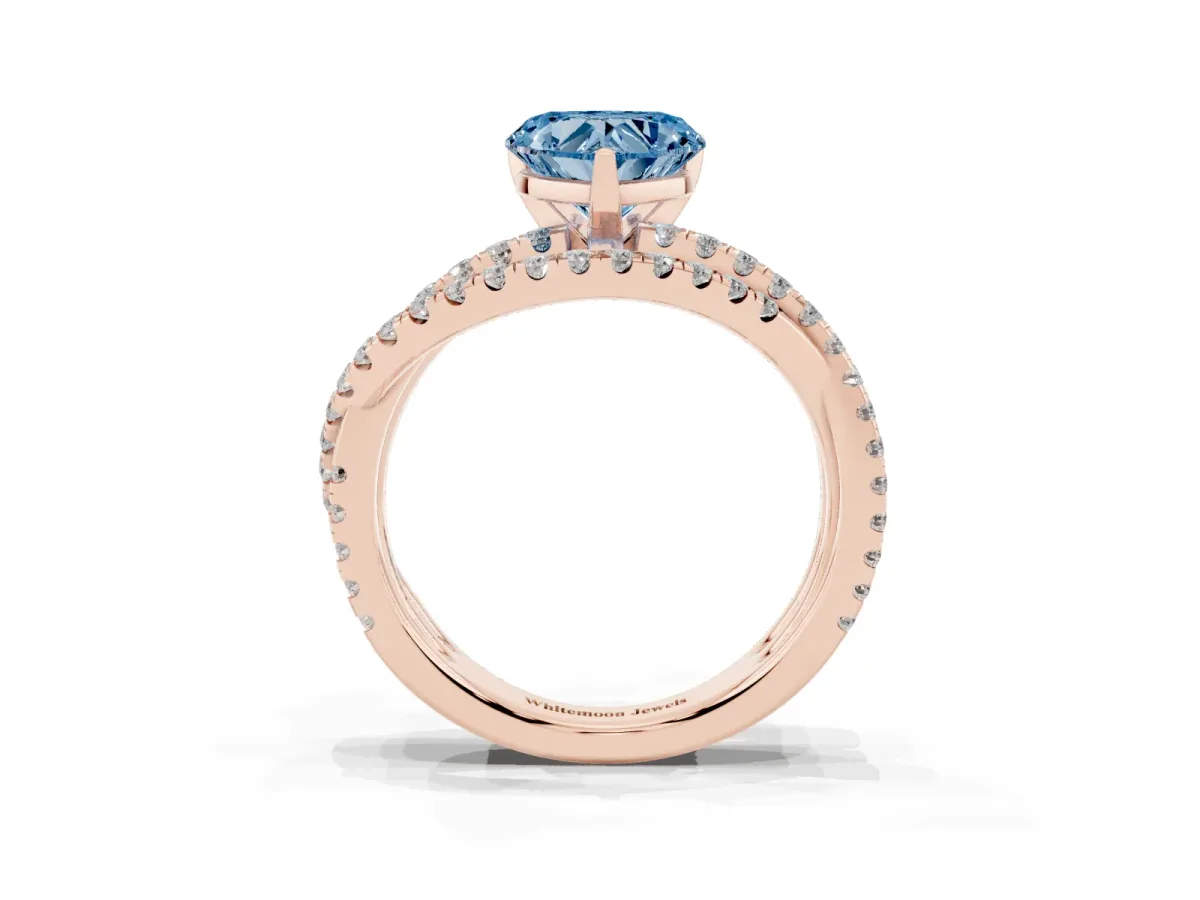 Fancy Blue Heart Cut Solitaire Twist Band with Pavé Setting and Four-Prong Setting Rose gold