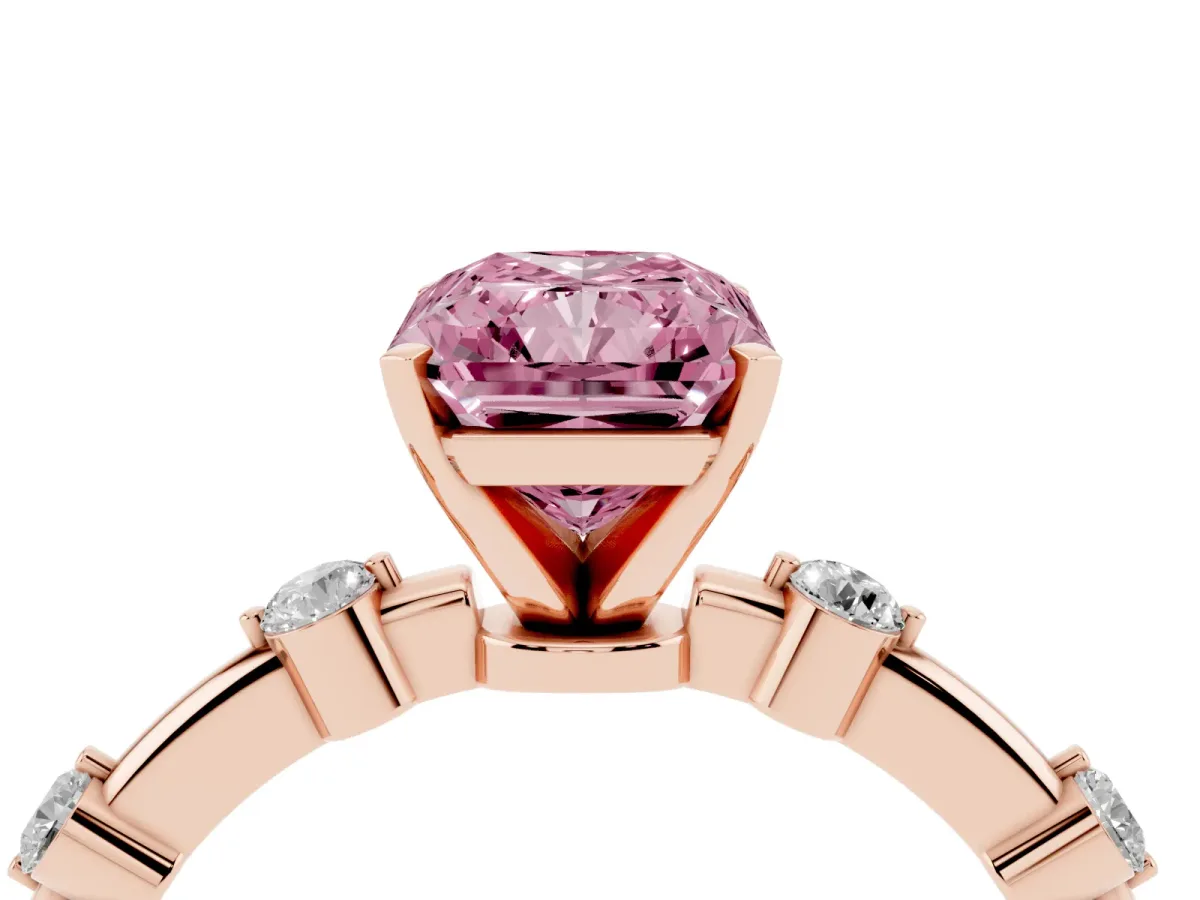 Fancy Pink Radiant Cut Solitaire Diamond Ring with Bezel Set Side Stones and Prong Setting Rose gold