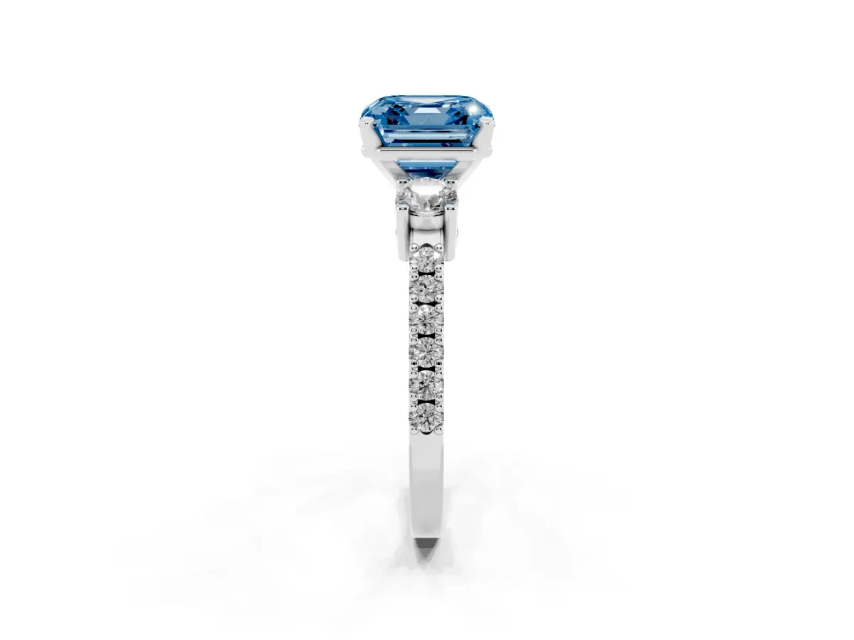 Fancy Blue Asscher Cut Three-Stone Diamond Pavé Band with Prong Setting Silver