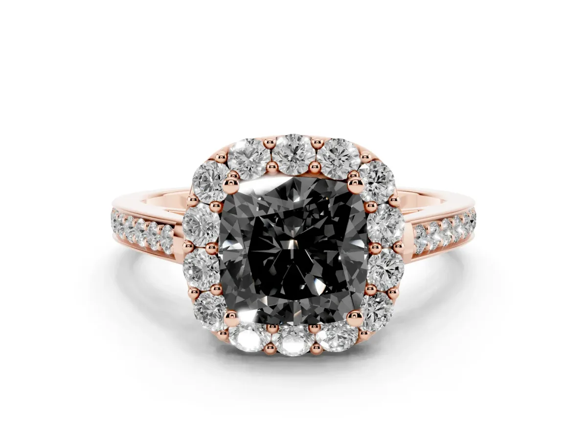 Fancy Black Cushion Cut Diamond Floral Halo Ring with Pavé Band and Prong Setting Rose gold