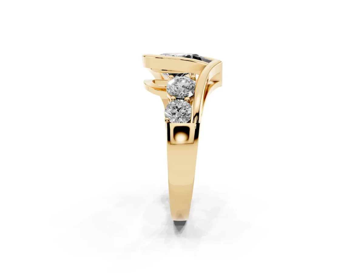 Fancy Black Bezel Set Pear Cut Diamond Bypass Ring with Round Accents Yellow gold