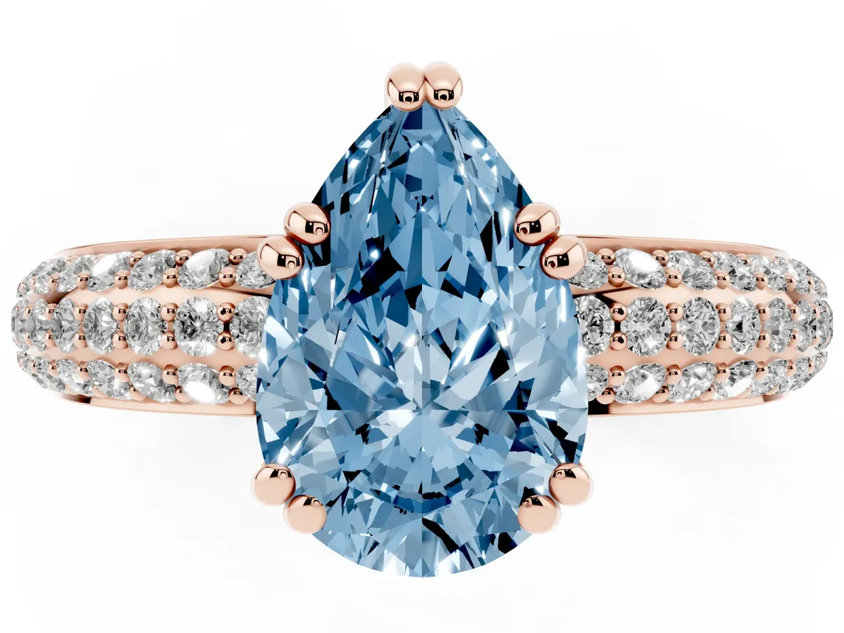 Fancy Blue Pear Cut Diamond Solitaire Ring with Multi-Row Round Pavé Band and Prong Setting Rose gold