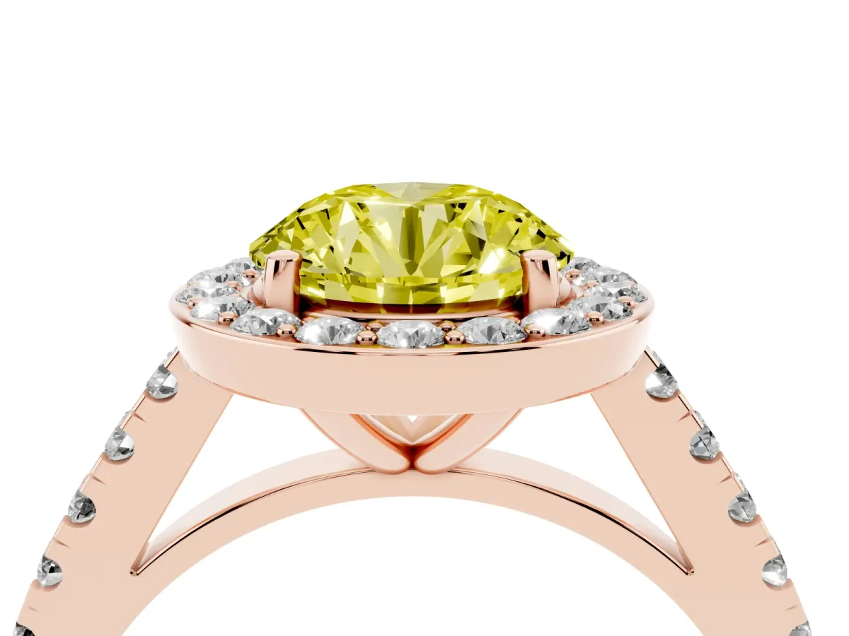 Fancy Yellow Round Cut Diamond Halo Ring with Round Pavé Split Shank and Prong Setting Rose gold