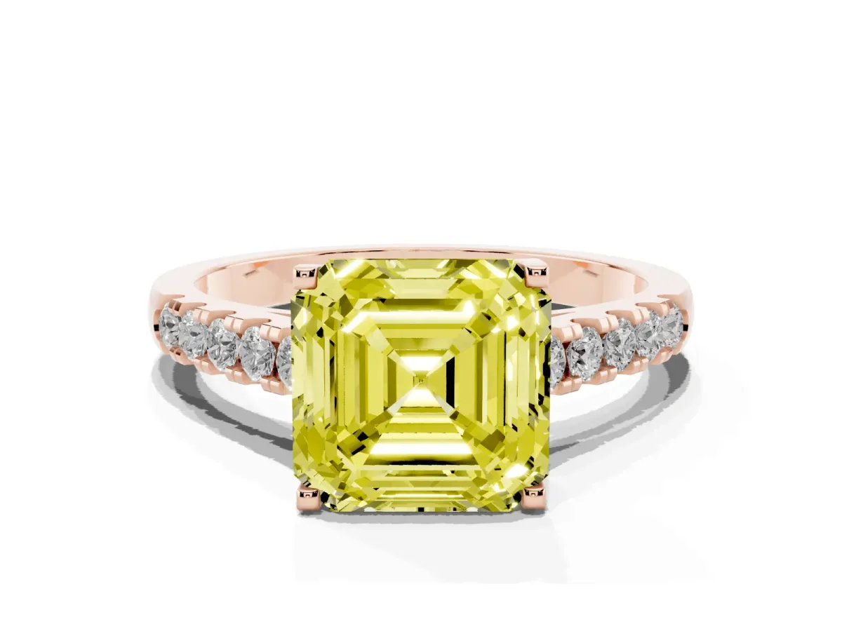 Fancy Yellow Asscher Cut Diamond Pavé Band Solitaire Ring with Prong Setting Rose gold