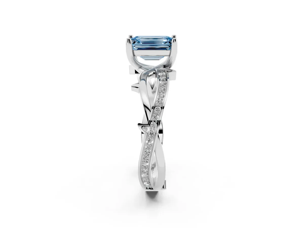 Fancy Blue Emerald Cut Solitaire Twist Band with Pavé Accents and Four-Prong Setting Platinum