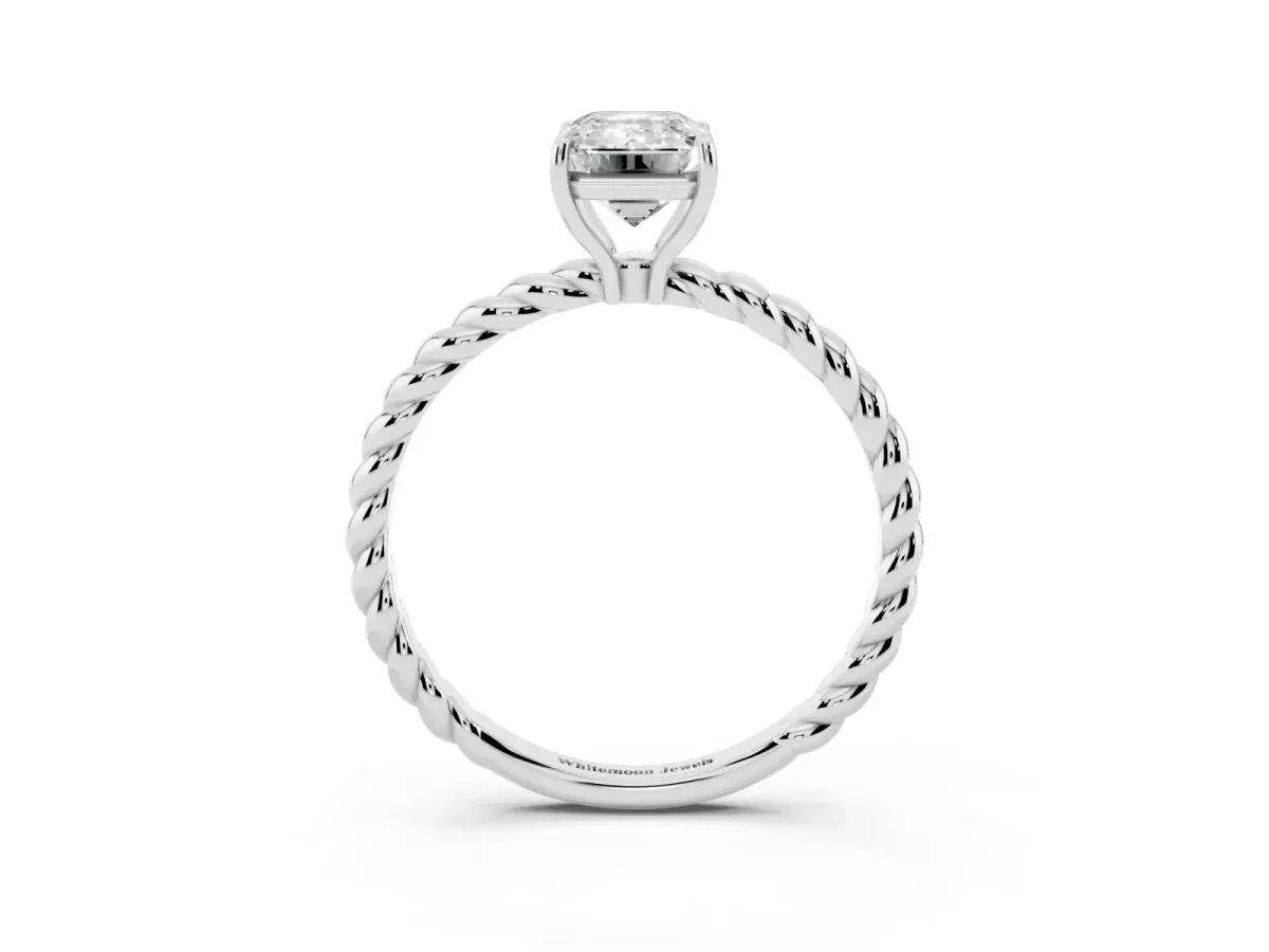 Emerald Cut Solitaire Twisted Band 4-Prong Ring Silver