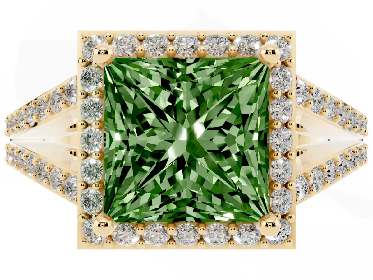 Fancy Green Princess Cut Halo Split Shank Pave Diamond Ring with Four-Prong Setting Yellow gold