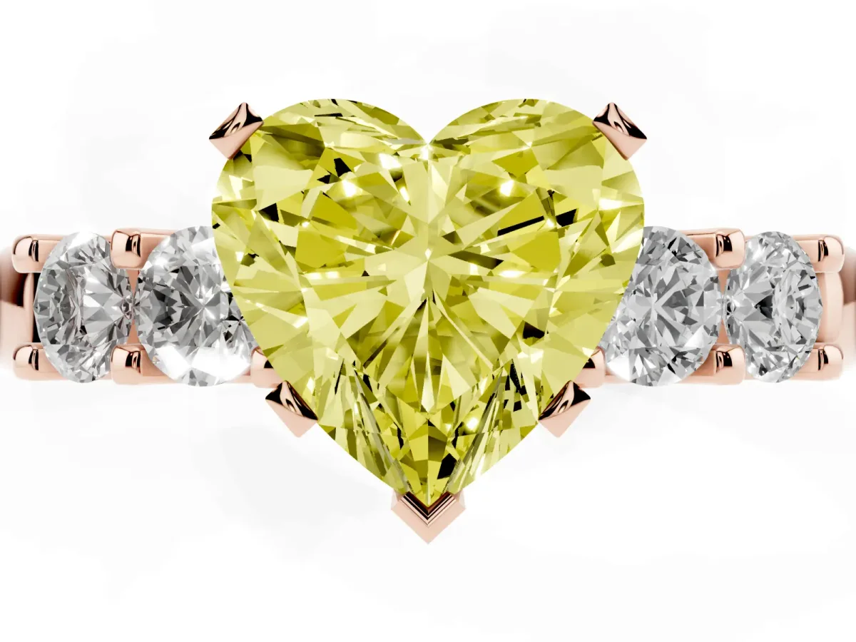 Fancy Yellow Heart Cut Brilliant Cut Diamond Five-Stone Prong Set Engagement Ring with Channel Band Rose gold