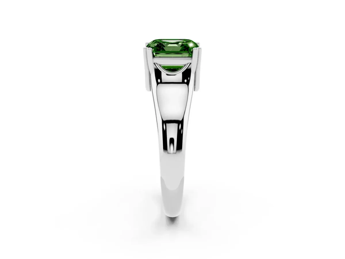 Fancy Green Asscher Cut Diamond Solitaire Ring with Wide Band and Prong Setting Silver