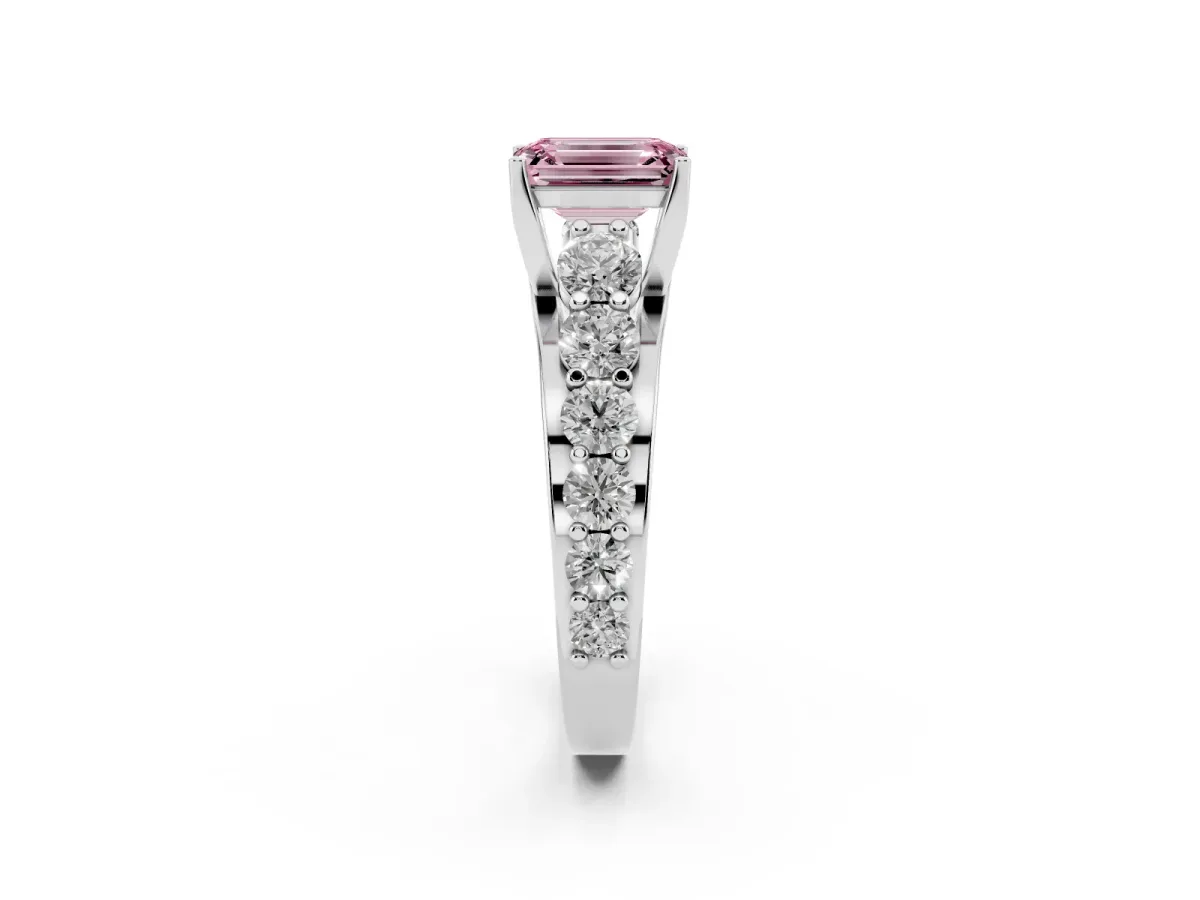 Fancy Pink Emerald Cut Diamond Engagement Ring with Pavé Band and Four-Prong Setting Silver