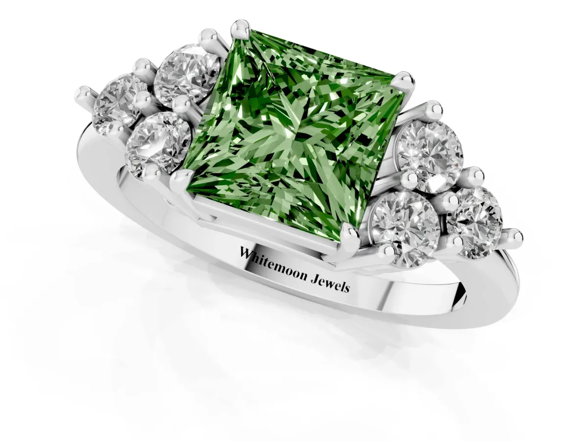 Fancy Green Princess Cut Brilliant Diamond Cluster Accent Solitaire Ring with Prong Setting Platinum