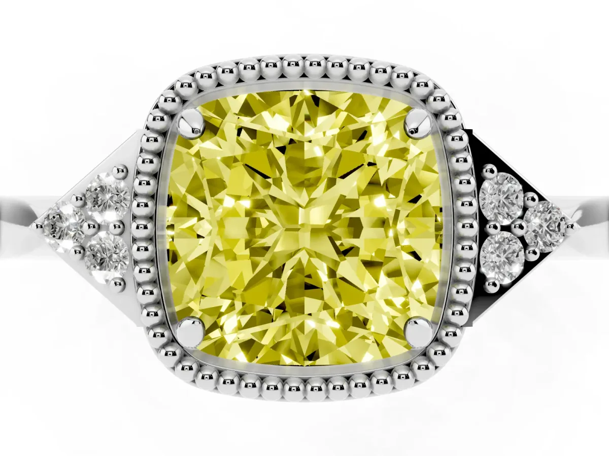 Fancy Yellow Hexagonal Halo Cushion Cut Diamond Solitaire with Pavé Band and Four-Prong Setting White gold