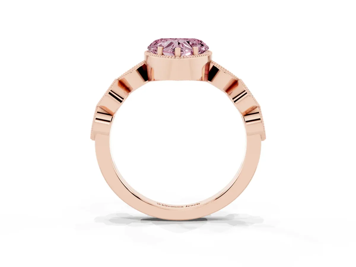 Fancy Pink Heart Cut Diamond Vintage Milgrain Ring with Round Stations Rose gold