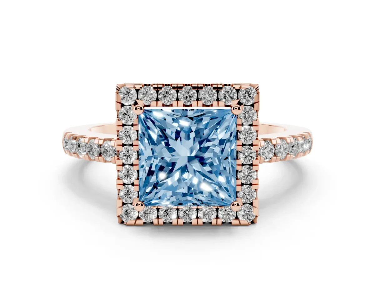 Fancy Blue Princess Cut Halo Diamond Engagement Ring with Pavé Band and Four-Prong Setting Rose gold