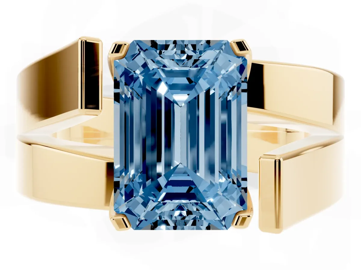 Fancy Blue Modern Tension Set Emerald Cut Diamond Solitaire Wide Band Ring Yellow gold