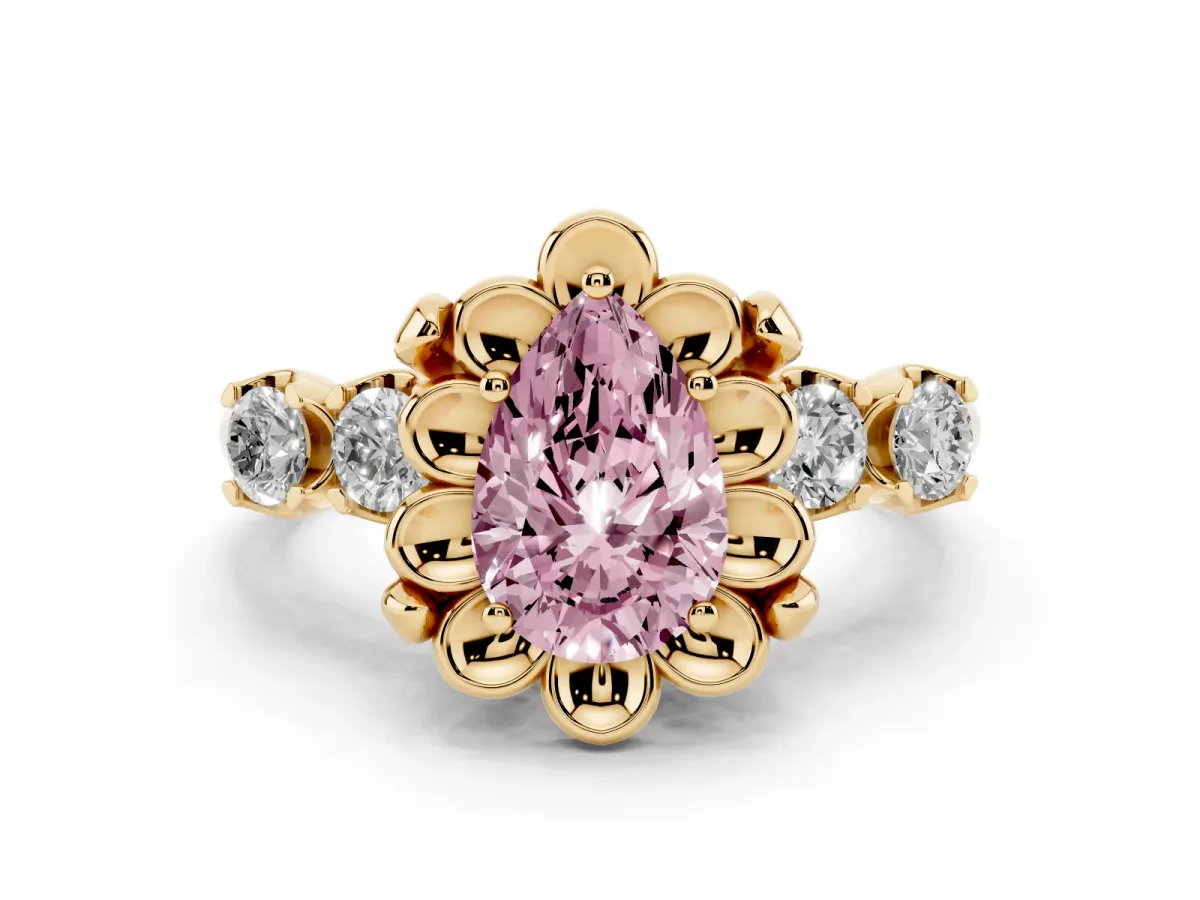 Fancy Pink Pear Cut Cut Diamond Floral Halo Engagement Ring with Shared Prong Setting Yellow gold