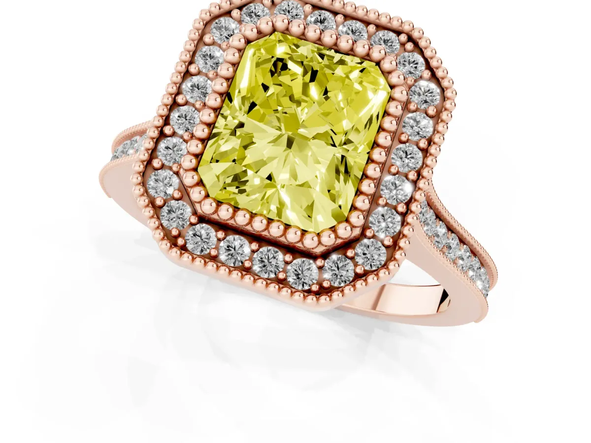 Fancy Yellow Radiant Cut Diamond Halo Ring with Milgrain Frame and Pavé Band Rose gold