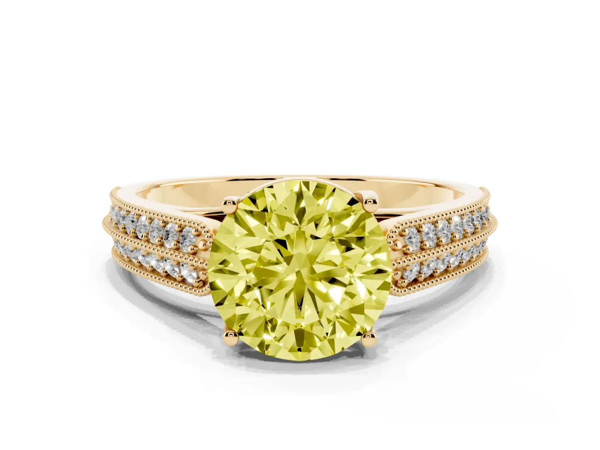 Fancy Yellow Round Cut Cut Pave Split Shank Engagement Ring with Four-Prong Setting Yellow gold