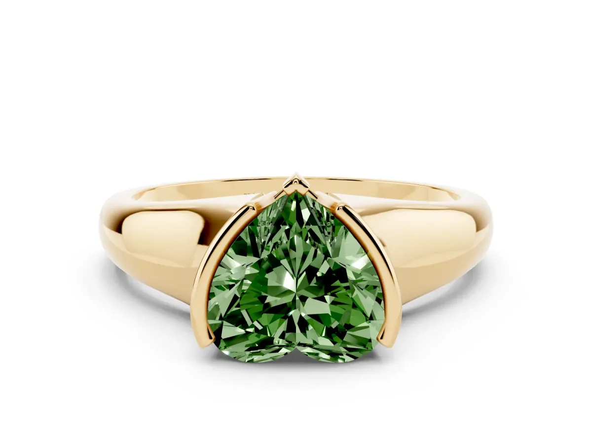 Fancy Green Heart Cut Solitaire Tension Set Diamond Ring with Split Shank Band Yellow gold