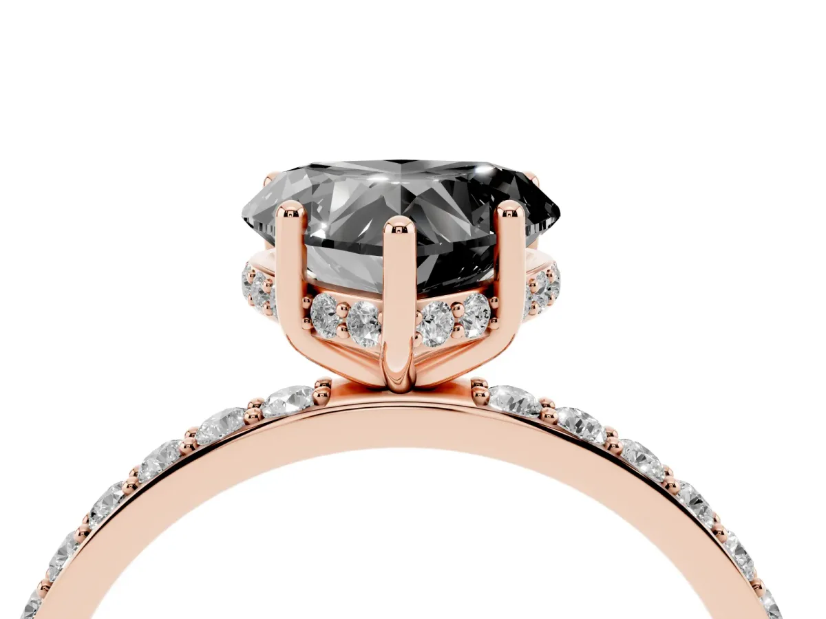 Fancy Black Heart Cut Diamond Solitaire Ring with Pavé Band and Hidden Halo Rose gold