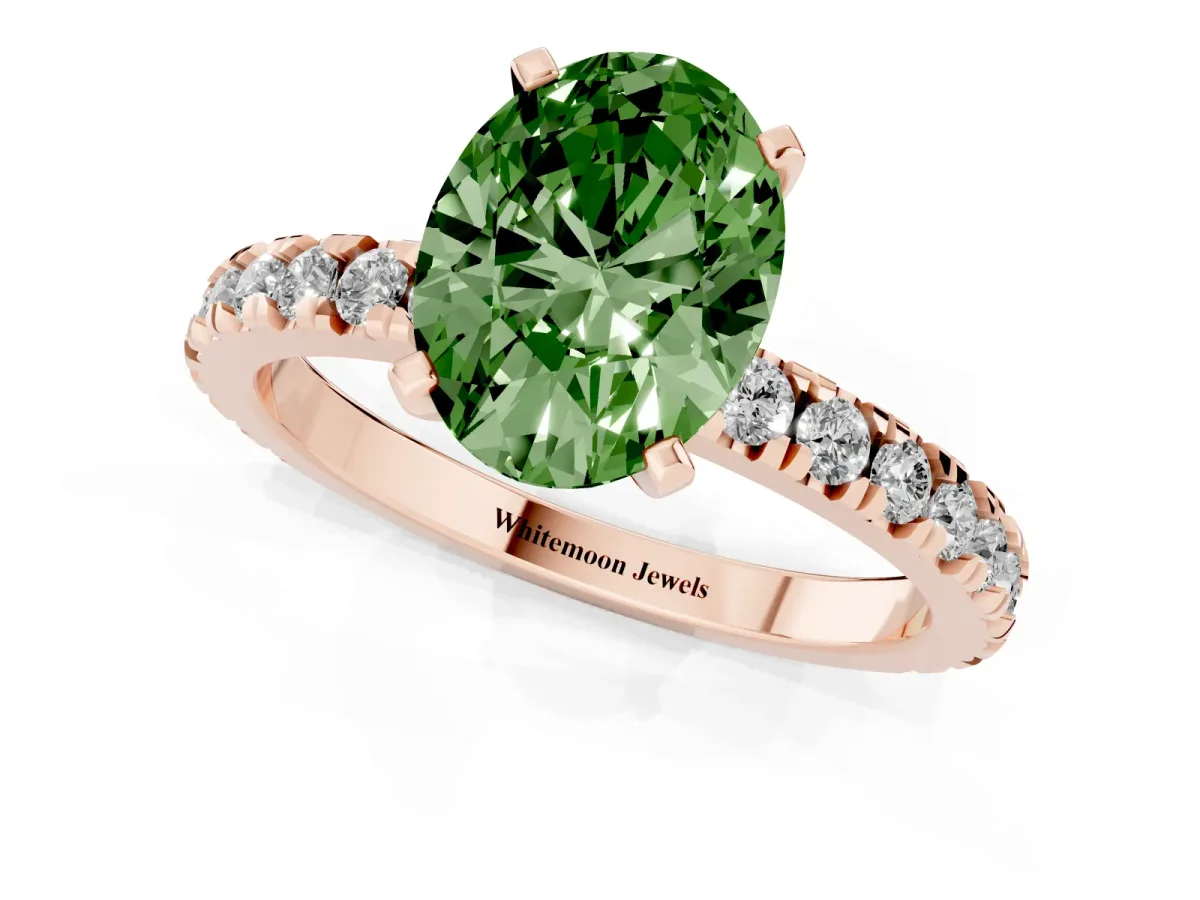 Fancy Green Oval Cut Diamond Pavé Band Solitaire with Four-Prong Setting Rose gold