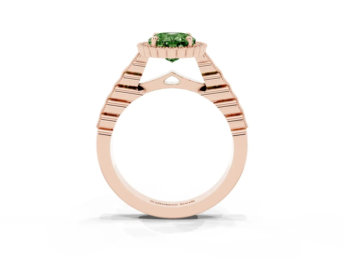 Fancy Green Oval Cut Cut Halo Pavé Solitaire Ring with Milgrain Band Rose gold