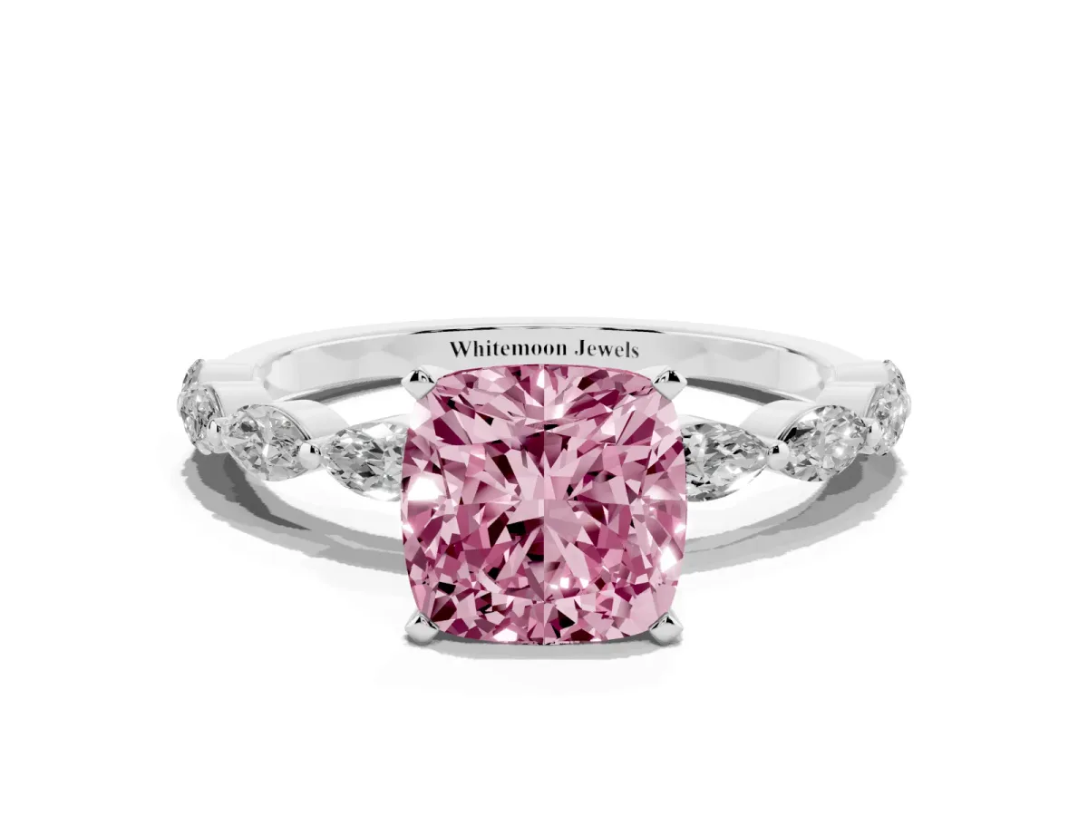 Fancy Pink Cushion Cut Diamond Ring with Marquise Side Stones and Prong Setting White gold