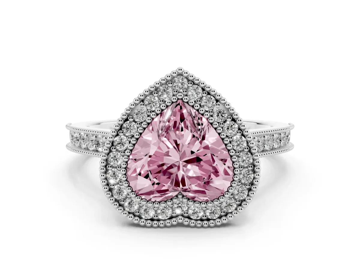 Fancy Pink Halo Heart Cut-Cut Diamond Pave Band Milgrain Prong Setting Ring White gold